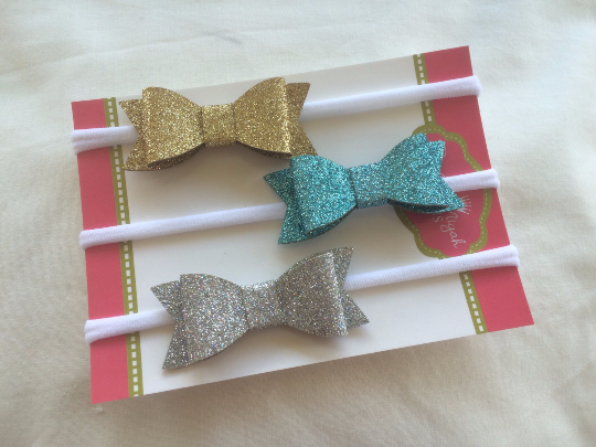 Glitter Bow Nylon Headband 3 pack Gold, Silver and Blue