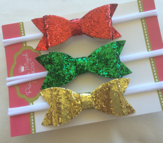 Glitter Bow Nylon Headband 3 pack Red, Green and Silver