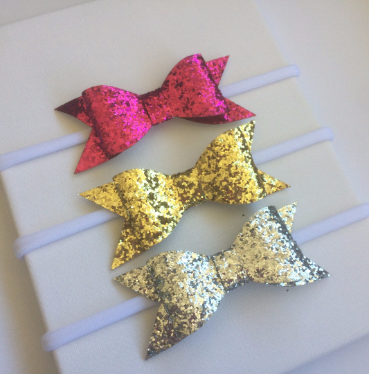 Glitter Bow Nylon Headband 3 pack Hot Pink, Gold and Silver