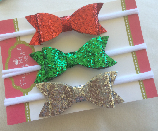 Glitter Bow Nylon Headband 3 pack Red, Gold and Silver