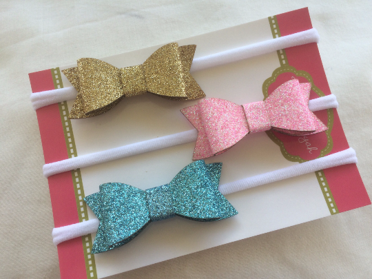 Glitter Bow Nylon Headband 3 pack Gold, Pink and Blue