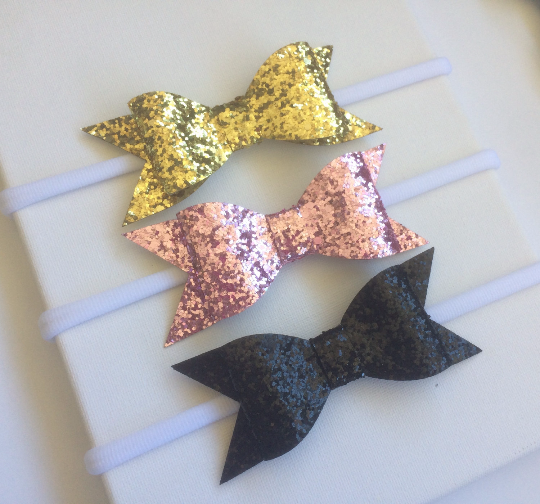 Glitter Bow Nylon Headband 3 pack Gold, Pink and Black