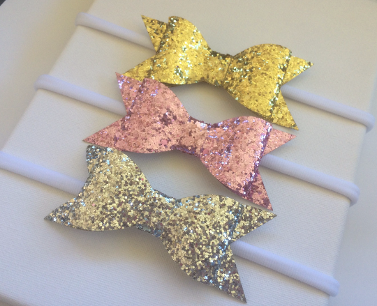 Glitter Bow Nylon Headband 3 pack Gold, Silver and Pink