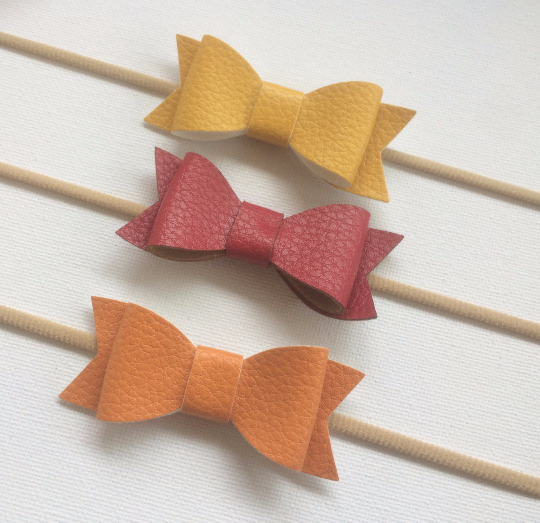 Faux Leather Bow Nylon Headband 3 pack Mustard, Wine and Clay