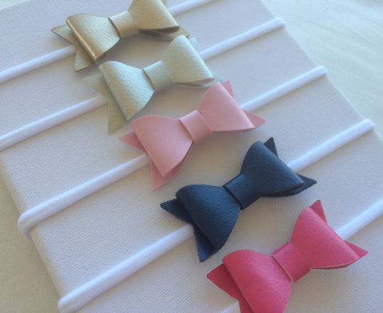 Faux Leather Bow Nylon Headband 5 pack Gold, Silver, Navy, Hot Pink, Pink