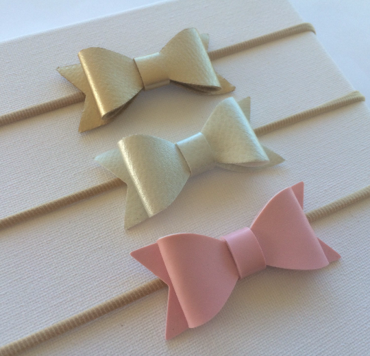 Faux Leather Bow Nylon Headband 3 pack Silver, Pink and Gold