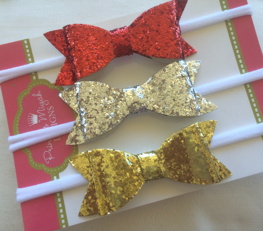 Glitter Bow Nylon Headband 3 pack Silver, Red and Gold
