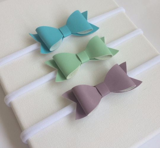 Faux Leather Bow Nylon Headbands 3 pack blue, mint and purple