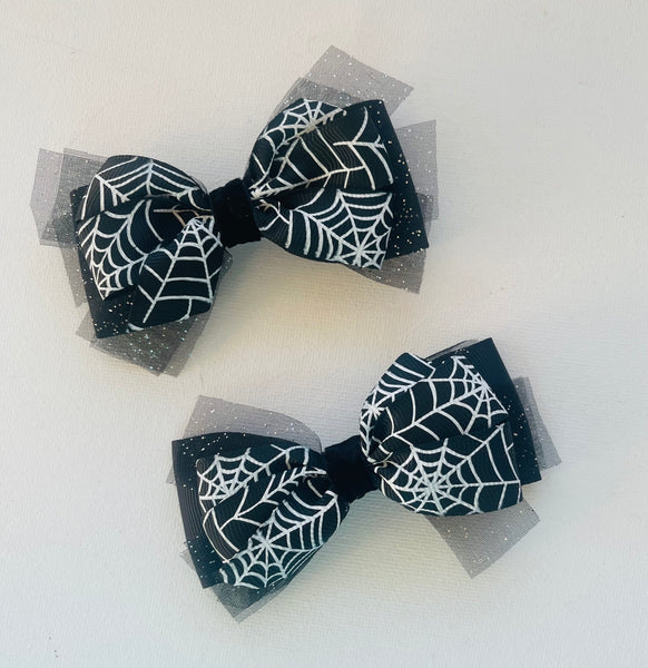 Spider Webs and Black Glitter Halloween Hair Bow
