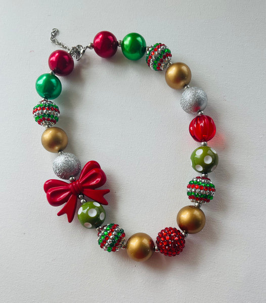 Green and Red Christmas Bow Bubblegum Bead Chunky Necklace