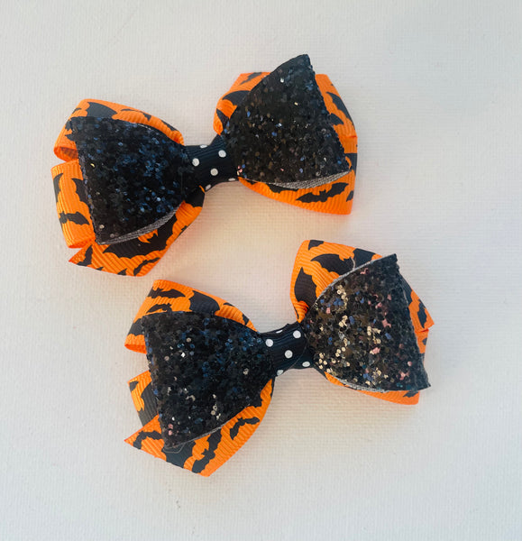 Orange Bats and Black Glitter Halloween Hair Bow