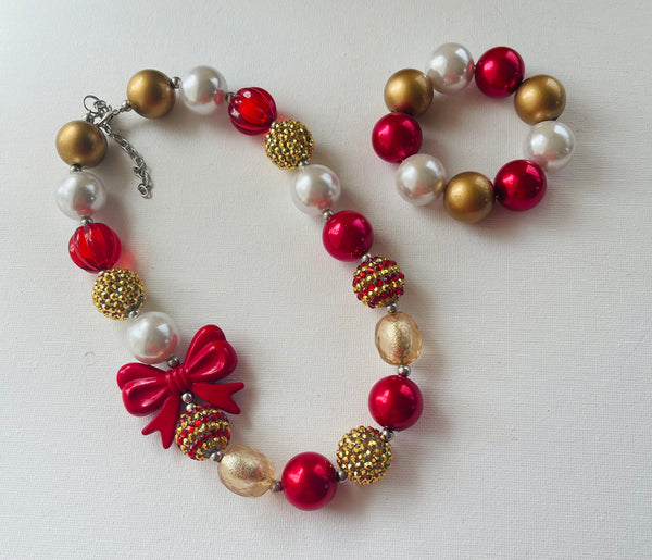 Gold and Red Christmas Bow Bubblegum Bead Chunky Necklace and Bracelet Gift Set
