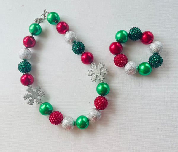Red and Green Christmas Snowflake Bubblegum Bead Chunky Necklace and Bracelet Gift Set
