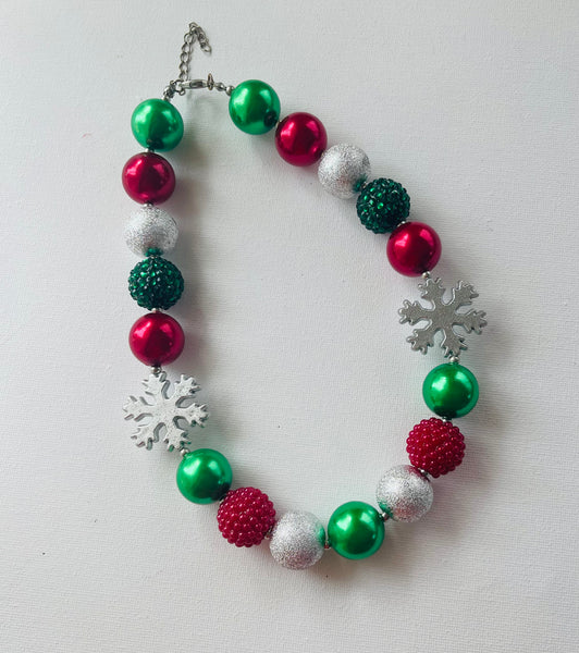 Green and Red Christmas Snowflake Bubblegum Bead Chunky Necklace