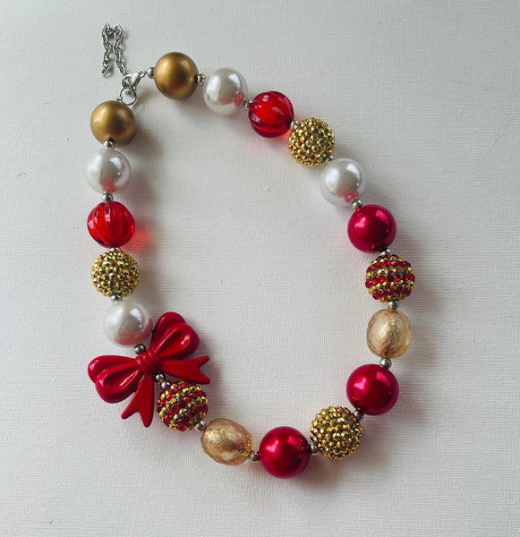 Gold and Red Christmas Bow Bubblegum Bead Chunky Necklace