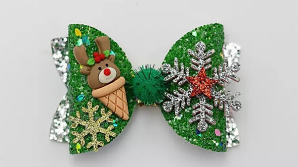 Christmas Snowflake and Reindeer Ice Cream Glitter Bow