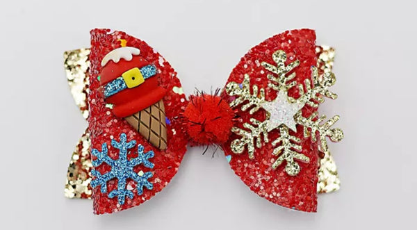 Christmas Snowflake and Santa Ice Cream Glitter Bow