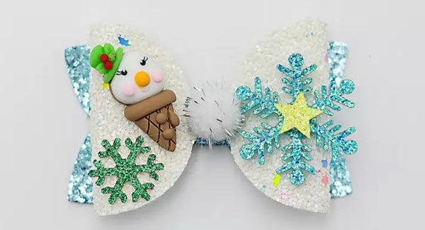 Christmas Snowflake and Snowman Ice Cream Glitter Bow