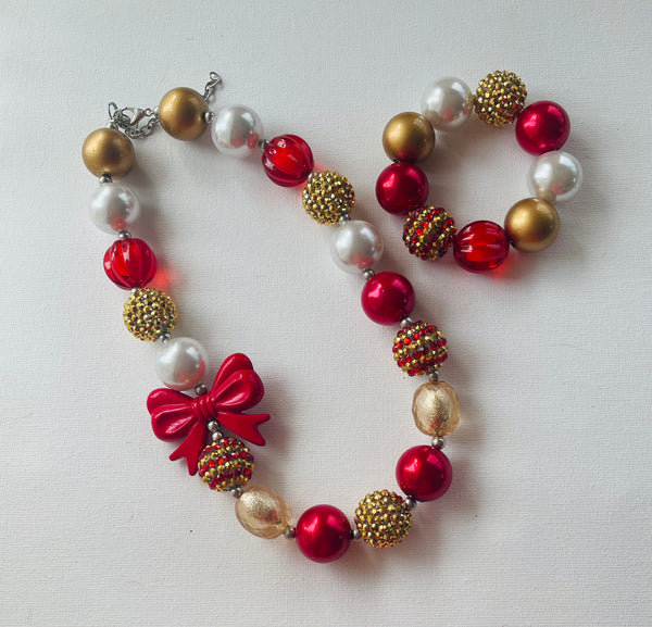 Red and Gold Christmas Bow Bubblegum Bead Chunky Necklace and Bracelet Gift Set
